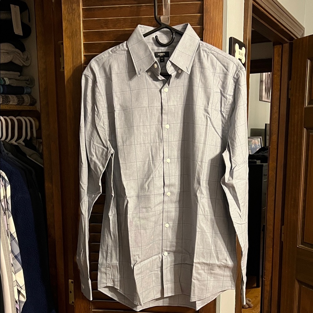 Express Men's Light Blue Plaid Dress Shirt